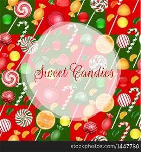 Sweets background with lollipop and jelly beans.Vector