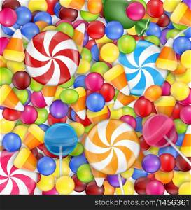 Sweets background with lollipop, candy corn and gumballs.vector