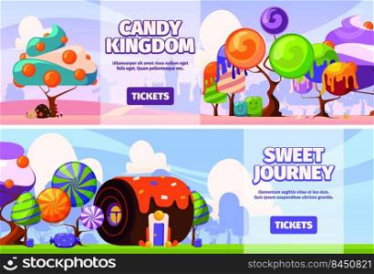 Sweets banners. Fairytale dessert trees cakes with caramel and sugar foam cream garish vector printing design templates. Illustration of dessert sweet banner. Sweets banners. Fairytale dessert trees cakes with caramel and sugar foam cream garish vector printing design templates