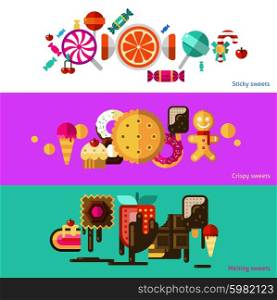 Sweets Banners Set. Sweets horizontal banners set with sticky crispy and melting sweets flat isolated vector illustration