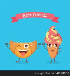 Sweets. Best Friends. Smiling Croissant and Cake. Best Friends. Sweets. Happy bun in simple cartoon style. Isolated fresh baked roll with one open eye and raised hands standing on two legs. Cake in oval shape with yellow-pink whipped cream. Vector