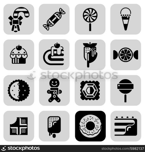 Sweets Black White Icons Set . Sweets black white square icons set with ice cream donuts and cookies flat isolated vector illustration