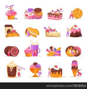 Sweets cakes and people icons set with bakery symbols flat isolated vector illustration