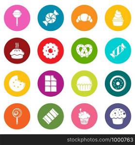 Sweets candy cakes icons set vector colorful circles isolated on white background . Sweets candy cakes icons set colorful circles vector