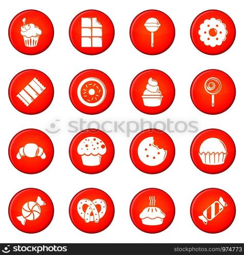 Sweets candy cakes icons set vector red circle isolated on white background . Sweets candy cakes icons set red vector