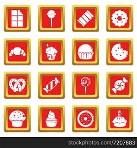 Sweets candy cakes icons set vector red square isolated on white background . Sweets candy cakes icons set red square vector