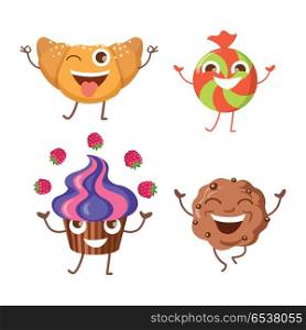 Sweets. Collection of Four Various Confectioneries. Sweets. Collection of four different confectioneries. Croissant with one open eye and raised hands. Running brown baked cracker with pieces of chocolate. Happy round candy. Fruit cupcake. Vector
