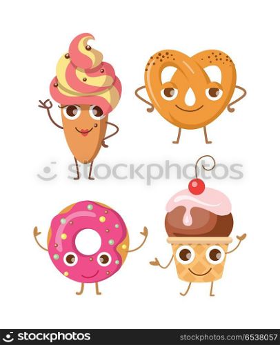 Sweets. Collection of Four Various Confectioneries. Sweets. Collection of four various confectioneries. Cake in oval shape with whipped cream. Doughnut with pink sprinkles and big hole inside. Ball of ice cream in cone with one cherry. Vector