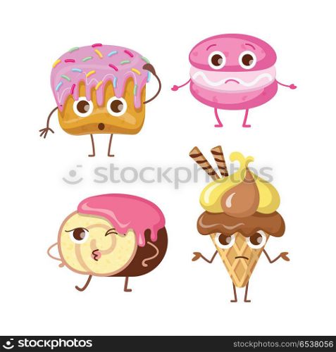 Sweets. Collections of Different Buns and Ice. Sweets. Collections of different kinds of buns and ice cream. Round cupcake with pink topping and small confetti. Unhappy macaroon. Chocolate swiss roll. Ice cream cone with two sweet rolls. Vector