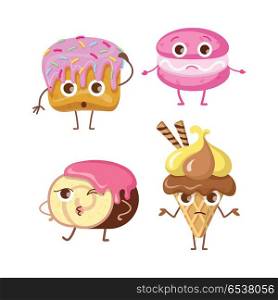 Sweets. Collections of Different Buns and Ice. Sweets. Collections of different kinds of buns and ice cream. Round cupcake with pink topping and small confetti. Unhappy macaroon. Chocolate swiss roll. Ice cream cone with two sweet rolls. Vector