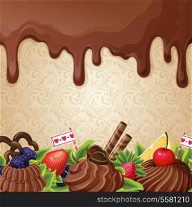 Sweets dessert background with milk chocolate syrup cream and ornament vector illustration
