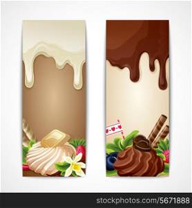 Sweets dessert food dark and white chocolate vanilla berries banners vertical vector illustration