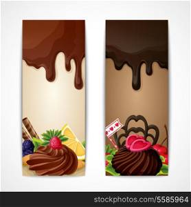 Sweets dessert food milk and dark chocolate fruits and nuts banners vertical vector illustration