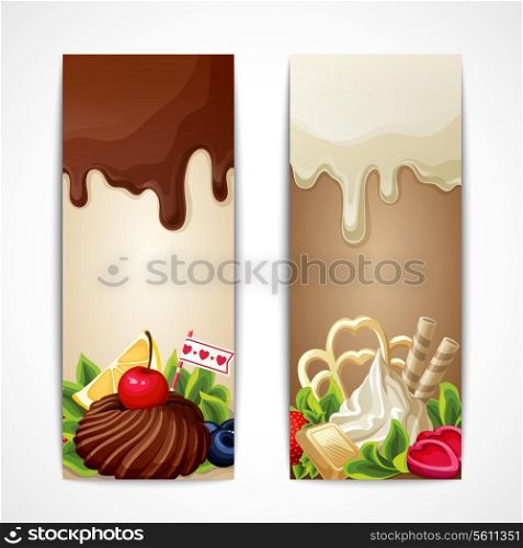 Sweets dessert food milk and white chocolate berries banners vertical vector illustration