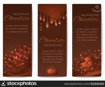 Sweets dessert food milk chocolate bars and splash drips vertical banners set isolated vector illustration