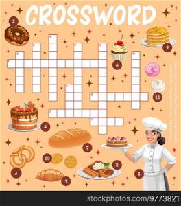 Sweets, desserts and bakery crossword worksheet, find a word quiz game. Cartoon vector puzzle with confectioner, cake, donut and pretzel, croissant, muffin, waffles with pancake and marshmallow pastry. Sweets, desserts and bakery crossword worksheet