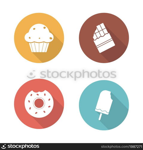 Sweets flat design icons set. Confectionery long shadow symbols in color circles. Ice cream on stick, and bitten glazed donut silhouette emblems. Baking and chocolate bar. Vector infographics elements. Sweets flat design icons set