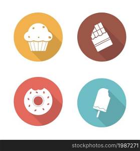 Sweets flat design icons set. Confectionery long shadow symbols in color circles. Ice cream on stick, and bitten glazed donut silhouette emblems. Baking and chocolate bar. Vector infographics elements. Sweets flat design icons set