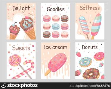 Sweets flyers set. Lollypops, donuts, ice cream, macaroons vector illustrations with text. Food and dessert concept for confectionery posters and leaflets design