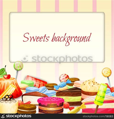 Sweets food background with fresh chocolate cakes muffins icecream vector illustration