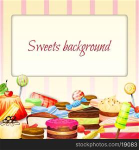 Sweets food background with fresh chocolate cakes muffins icecream vector illustration