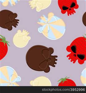 Sweets for Halloween seamless pattern. Skull made out of chocolate, strawberry and caramel. Head skeleton vector Background