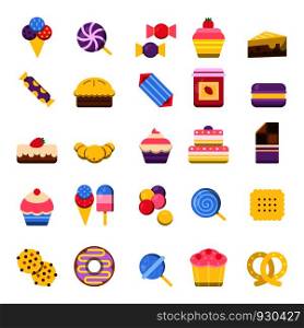 Sweets icon. Chocolate candy biscuits ice cream pie vector colorful symbols. Ice cream and bakery, snack and lollypop illustration. Sweets icon. Chocolate candy biscuits ice cream pie vector colorful symbols