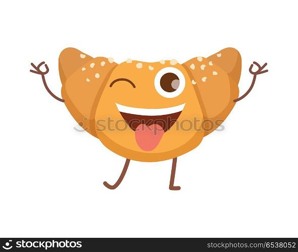 Sweets. Icon of Isolated Happy Smiling Croissant. Croissant smiling icon. Sweets. Happy bun in simple cartoon style. Isolated fresh baked roll with one opened eye and raised hands standing on two legs. Some white crumbs. Flat design. Vector