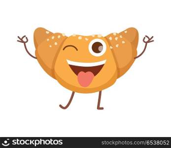 Sweets. Icon of Isolated Happy Smiling Croissant. Croissant smiling icon. Sweets. Happy bun in simple cartoon style. Isolated fresh baked roll with one opened eye and raised hands standing on two legs. Some white crumbs. Flat design. Vector