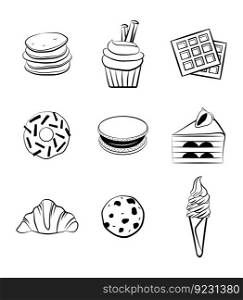 Sweets icon set vector graphic line art design element waffle, cake, pancake, cupcake, ice cream, donut, cookies, biscuit, macaroon, croissant breakfast tasty food emblem. Doodle black outline drawing