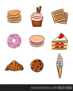 Sweets icon set vector illustration isolated clip art graphic sticker pack cartoon style food cake waffle pancake croissant ice cream donut cookies 