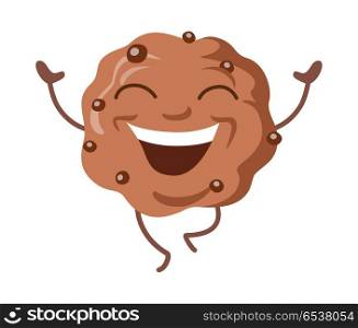 Sweets. Illustration of Smiling Chocolate Biscuit. Running chocolate biscuit isolated illustration. Sweets. Happy smiling cookie with closed eyes and raised hands. Running brown baked cracker with pieces of chocolate. Simple cartoon style. Vector