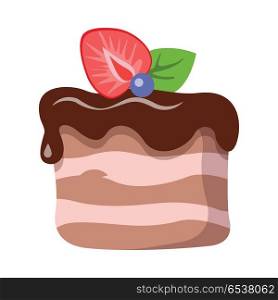 Sweets. Isolated Piece of Cake with Dark Topping. Piece of cake with flowing chocolate cream. Sweets isolated Illustration. Dark and light lines. Strawberry, green leaf and blueberry on top of pastry. Simple cartoon style. Flat design. Vector