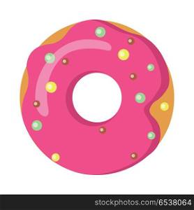 Sweets. Picture of Doughnut with Pink Sprinkles. Doughnut with pink sprinkles isolated on white. Simple cartoon design. Colourful small balls. Huge tasty donut with big round hole inside. Green and yellow bubbles. Flat design. Vector illustration