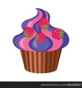 Sweets. Round Fruit Cupcake with Four Raspberries. Sweets. Round fruit cupcake with four raspberries on top of it. Violet-pink high muffin in brown stripped form for baking in simple cartoon style. Side view of colourful bun. Flat design. Vector
