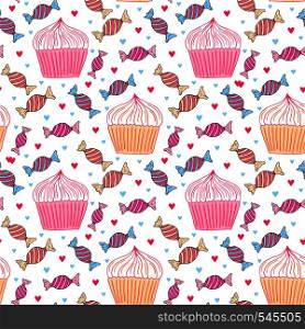 Sweets seamless pattern with cupcakes and candy. Girly background for menu decoration, wrapping paper or textile design.. Sweets seamless pattern with cupcakes and candy. Girly background for menu decoration, wrapping paper or textile design