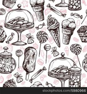 Sweets seamless pattern with hand drawn cakes chocolate candies vector illustration. Sweets Seamless Pattern