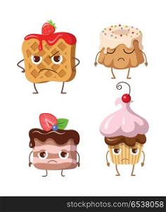 Sweets. Set of Belgian Waffle and Three Cupcakes. Sweets. Set of belgian waffle, fruit cupcake, round cake, small cake. Belgian waffle with jam and strawberry. Chocolate cupcake with topping and balls. Piece of cake with chocolate cream. Vector