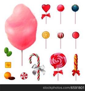 Sweets set of realistic icons with decorated lollipops, cotton candy on stick, colorful caramels isolated vector illustration. Sweets Realistic Icons Set