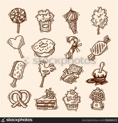 Sweets sketch icons set with candies chocolate ice cream isolated vector illustration