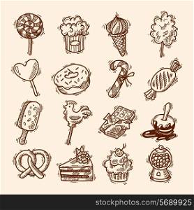Sweets sketch icons set with candies chocolate ice cream isolated vector illustration