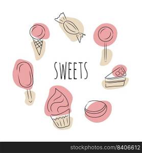 Sweets, vector set. Hand drawn sketch and colored spots. Ice cream, candy, cake, cupcake and cookie. In the center is the inscription Sweets.