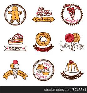Sweetshop confectionary cake store donuts desserts symbols and ice-cream emblems labels collection sketch abstract isolated vector illustration