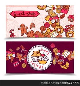Sweetshop vintage chocolate cupcakes desserts confectionary store ginger boy cookies horizontal banners set abstract isolated vector illustration