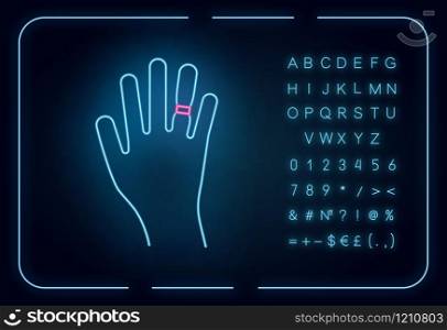 Swelling neon light icon. Weight gain. Swollen finger. Bloating on arm. Hand inflation. Predmenstrual syndrome symptom. Glowing sign with alphabet, numbers and symbols. Vector isolated illustration