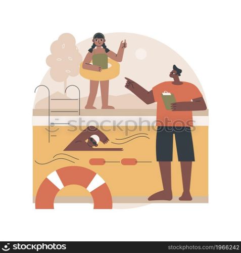 Swim camp abstract concept vector illustration. Swimming summer camp, open water training, swimmer course, young athlete, outdoor class, sport specialty program for kids abstract metaphor.. Swim camp abstract concept vector illustration.