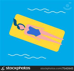 Swim woman floating on yellow mattress in swimming pool. Lady wearing swimwear relaxing and sunbathing lying on water surface. Vacation holiday vector. Swim Woman on Mattress Pool Vector Illustration