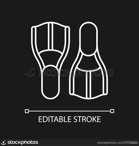 Swimfins white linear icon for dark theme. Diving fins. Flotation device. Moving through water. Thin line customizable illustration. Isolated vector contour symbol for night mode. Editable stroke. Swimfins white linear icon for dark theme