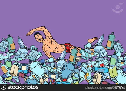 swimmer at plastic waste. ocean pollution ecology. Pop art retro vector illustration kitsch vintage. swimmer at plastic waste. ocean pollution. ecology