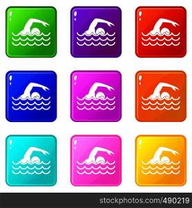 Swimmer icons of 9 color set isolated vector illustration. Swimmer set 9